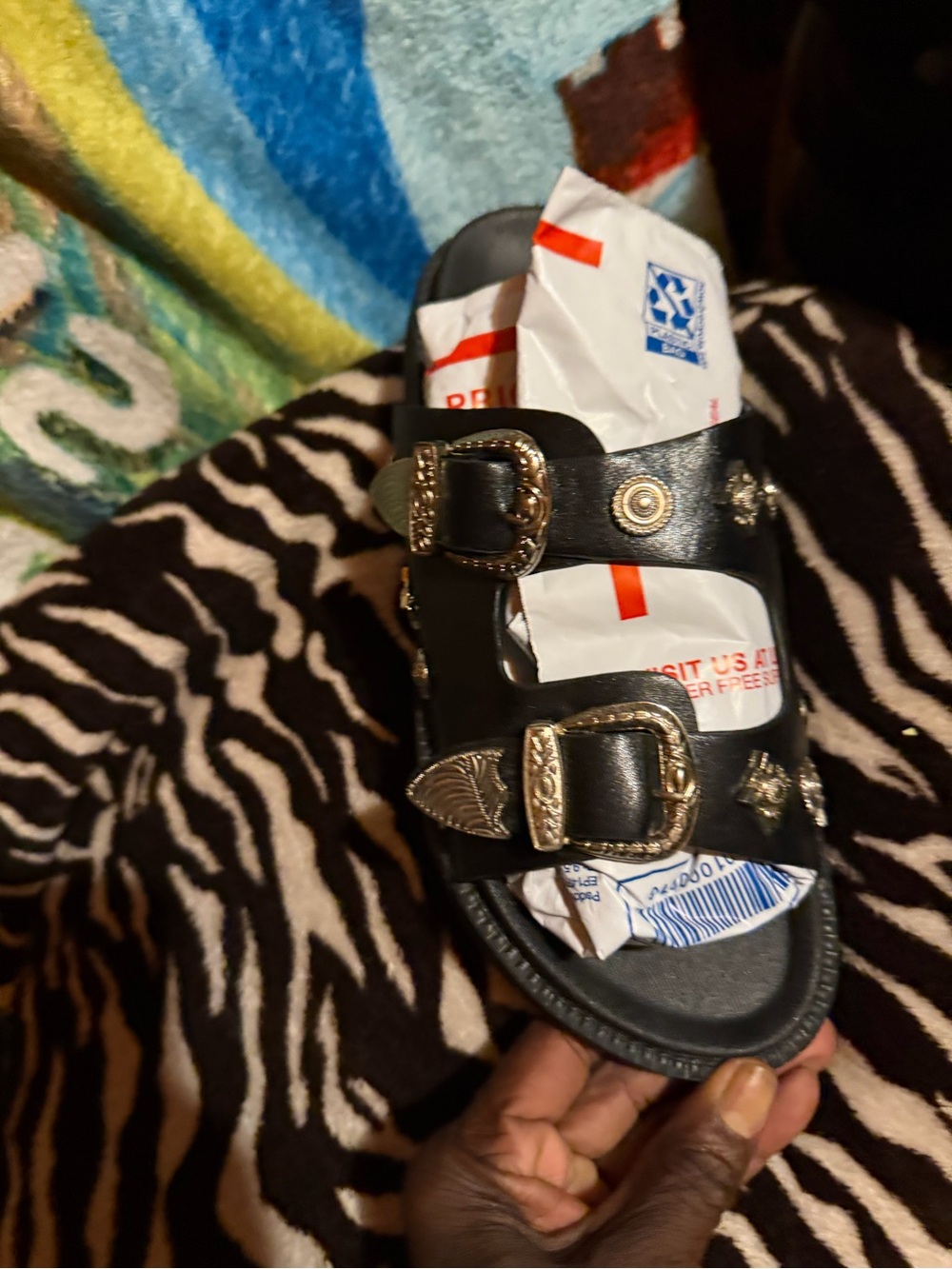 Black Kids' Slide Sandals with Decorative Buckles